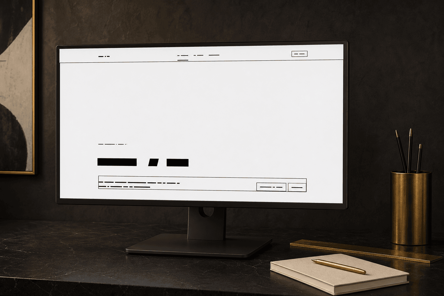 Wireframe desktop de Noir & Or présenté sur un écran de studio