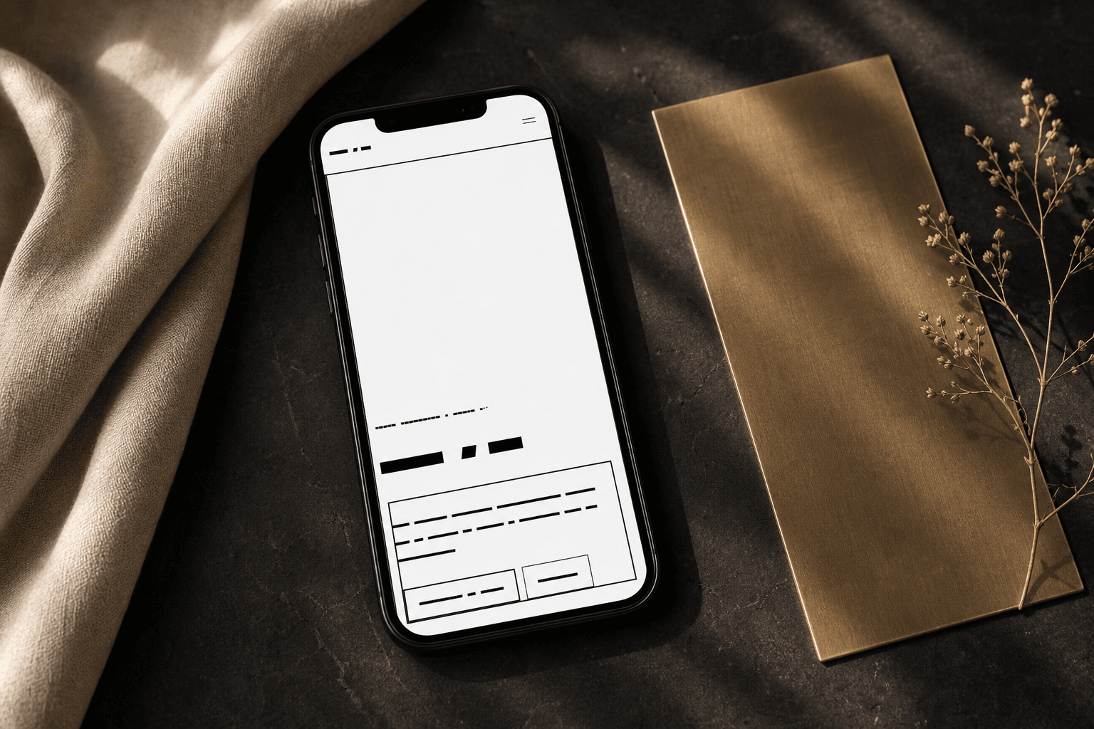 Wireframe mobile de Noir & Or présenté sur un téléphone
